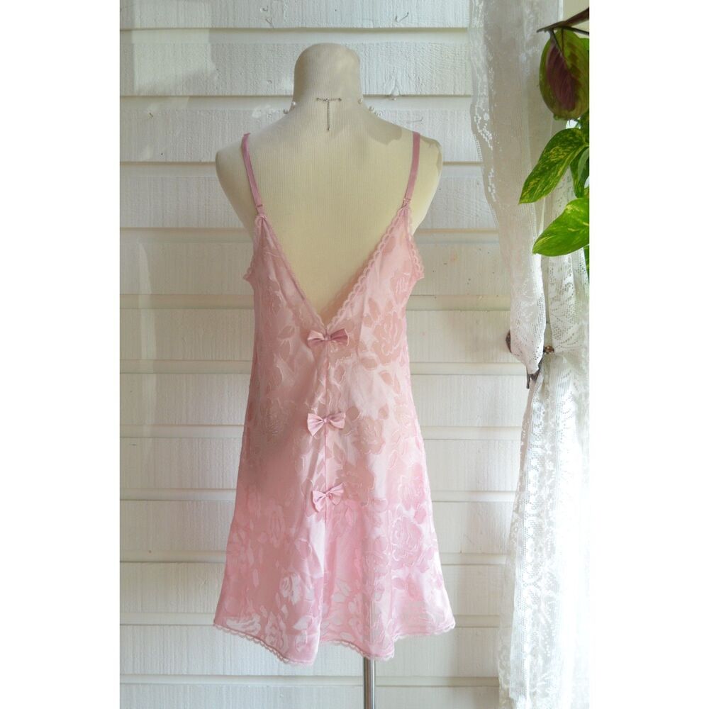 Vintage 80's UndercoverWear Pink Slip Dress with Bows and open back L